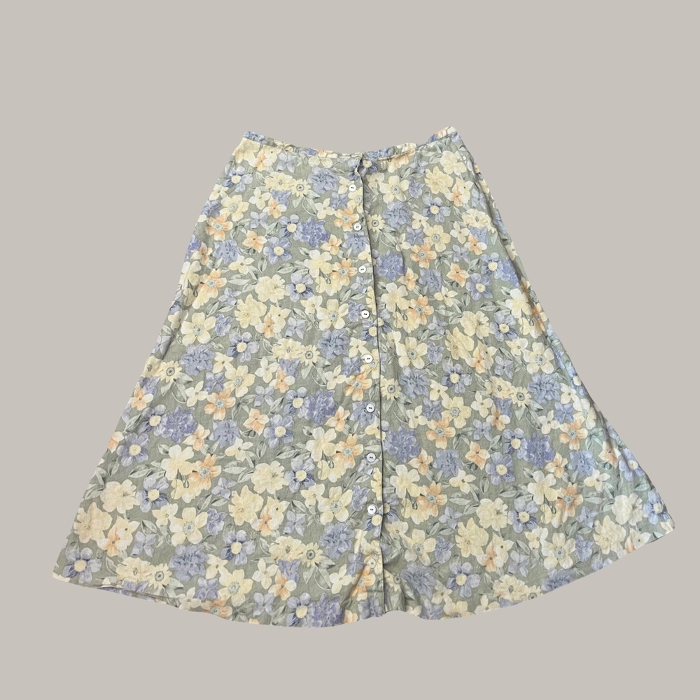 Vintage Pastel Blue and Yellow Lizsport Button Down Midi Skirt Women's S
